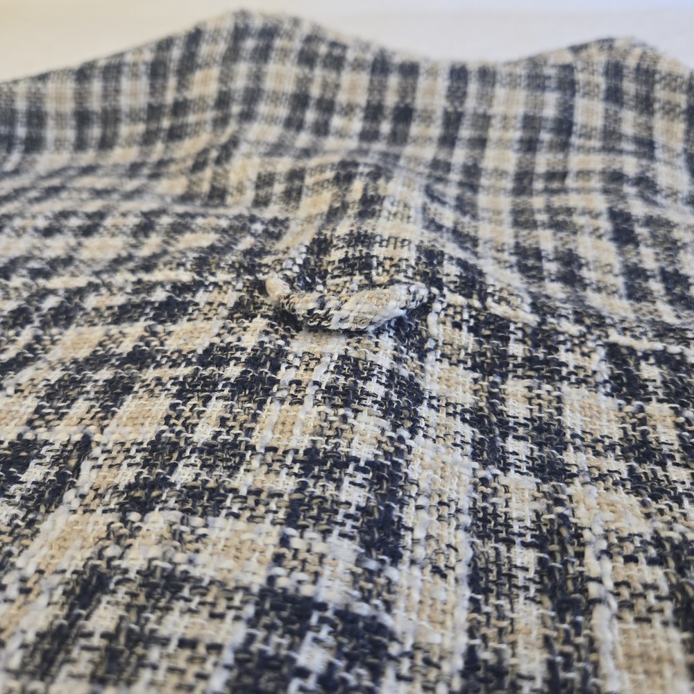 Zara Tweed Plaid Cropped Jacket Button Up Collared Navy Cream Frayed Hem Small‎ - Picture 13 of 16